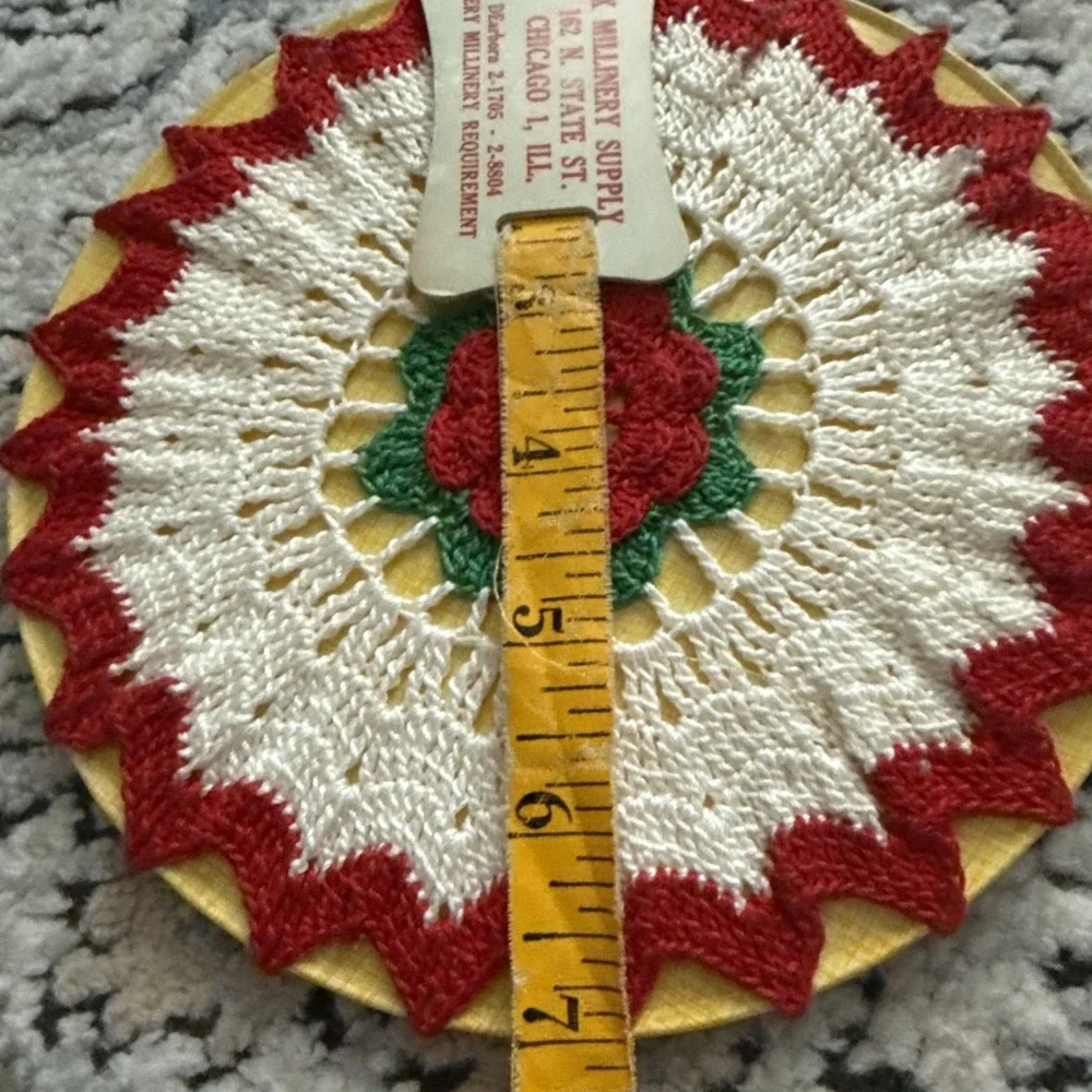 Vintage Hand Crocheted Kitchen Trivet And  Cover Doily Red/White Raised Rose